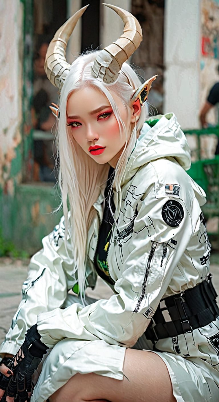 Beautiful Girl, Carved porcelain cyborg albino demons Woman, (Long Intricate Horns:1.4), White Horn With Smokeing, High Details Green Eyes, Sitting on the floor, Glamor body type, Soilder Clothes, White Hightec Crop Jacket, Black Sexy One-Piece Swimsuit, Weapon and Techwear, High Details of Cyber City are Background, Sad Moment, Ultra Focus, Photo Realistic, Beautymix, FilmGirl