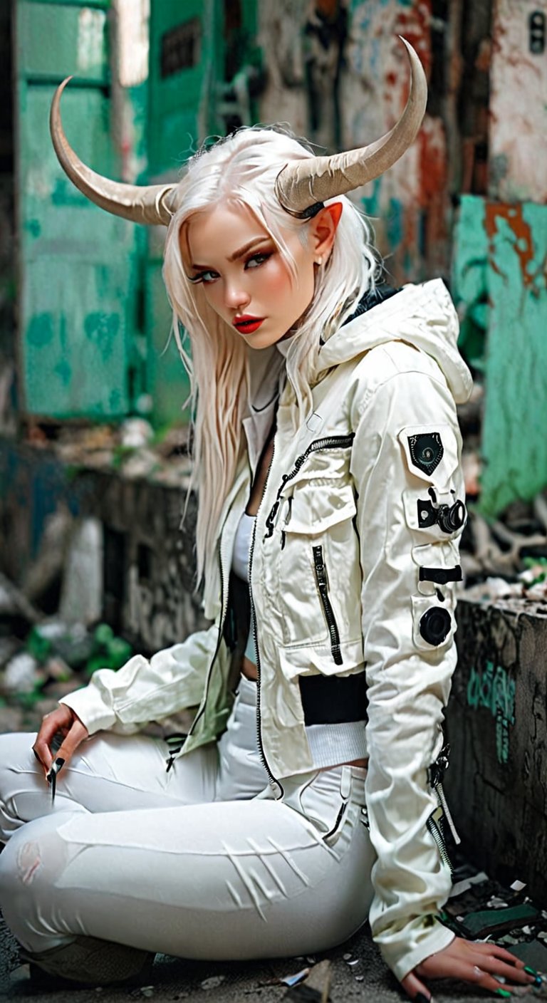 Beautiful Girl, Carved porcelain cyborg albino demons Woman, (Long Intricate Horns:1.4), White Horn With Smokeing, High Details Green Eyes, Sitting on the floor, Glamor body type, Soilder Clothes, White Hightec Crop Jacket, Black Sexy One-Piece Swimsuit, Weapon and Techwear, High Details of Cyber City are Background, Sad Moment, Ultra Focus, Photo Realistic, Beautymix, FilmGirl