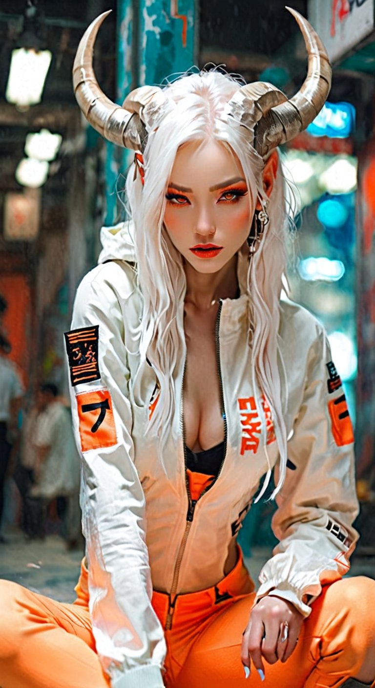 Beautiful Girl, Carved Porcelain cyborg albino Demons Woman, (Long Intricate Horns:1.4), White Horn With Smokeing, High Details Orange Eyes, Stand proud on the Floor, Glamor body type, Soilder Clothes, White Hightec Crop Jacket, Black Sexy One-Piece Swimsuit, Weapon and Techwear, High Details of Cyber City are Background, Angry Moment, Ultra Focus, Photo Realistic, Beautymix, FilmGirl