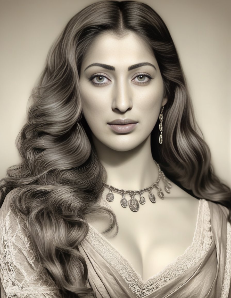 RaaiLaxmi,<lora:RaaiLaxmiSDXL:1>painting, portrait, pencil drawing, genius da Vinci, ,Italian Renaissance artists, Italian Renaissance, painting style Romanticism, Middle Ages, Italian art, portrait painting, depth of field, high quality, hyperrealistic, HD, 8K, very detailed