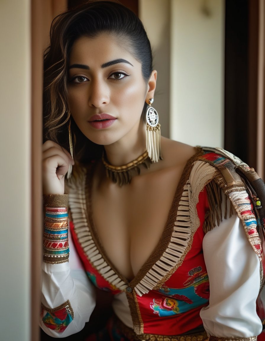 RaaiLaxmi, photograph, Secret Burundian Female, wearing Albanian Mexican charro suit, inside a Satin Portal, deep focus, natural lighting, film grain, Sony A9 II, Depth of field 270mm, <lora:RaaiLaxmiSDXL:1>