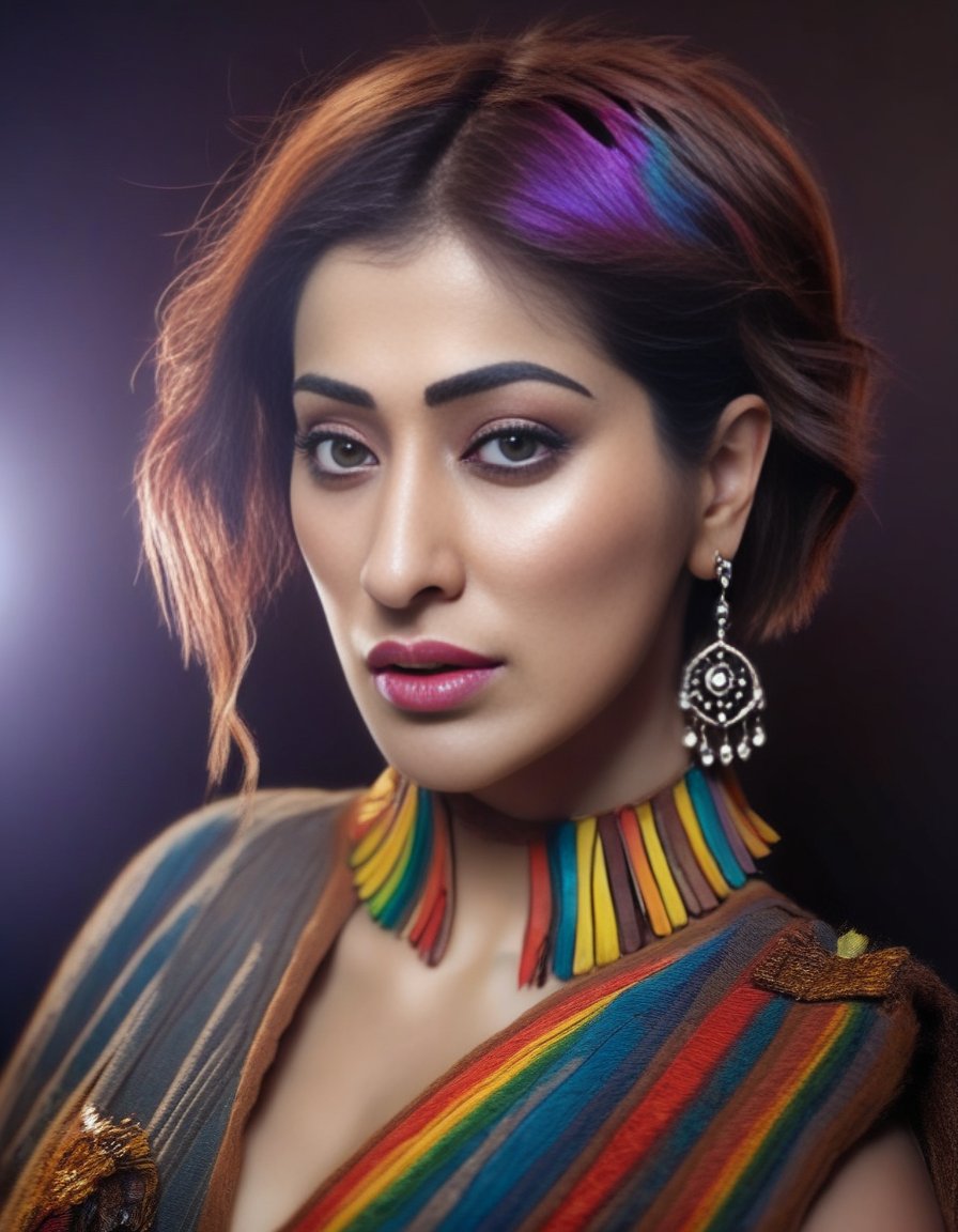 RaaiLaxmi, portrait,close up of a Monstrous tall Female, behance, Nonchalant Short bob hairstyle, Folk Art, short lighting, dark rainbow hue, <lora:RaaiLaxmiSDXL:1>