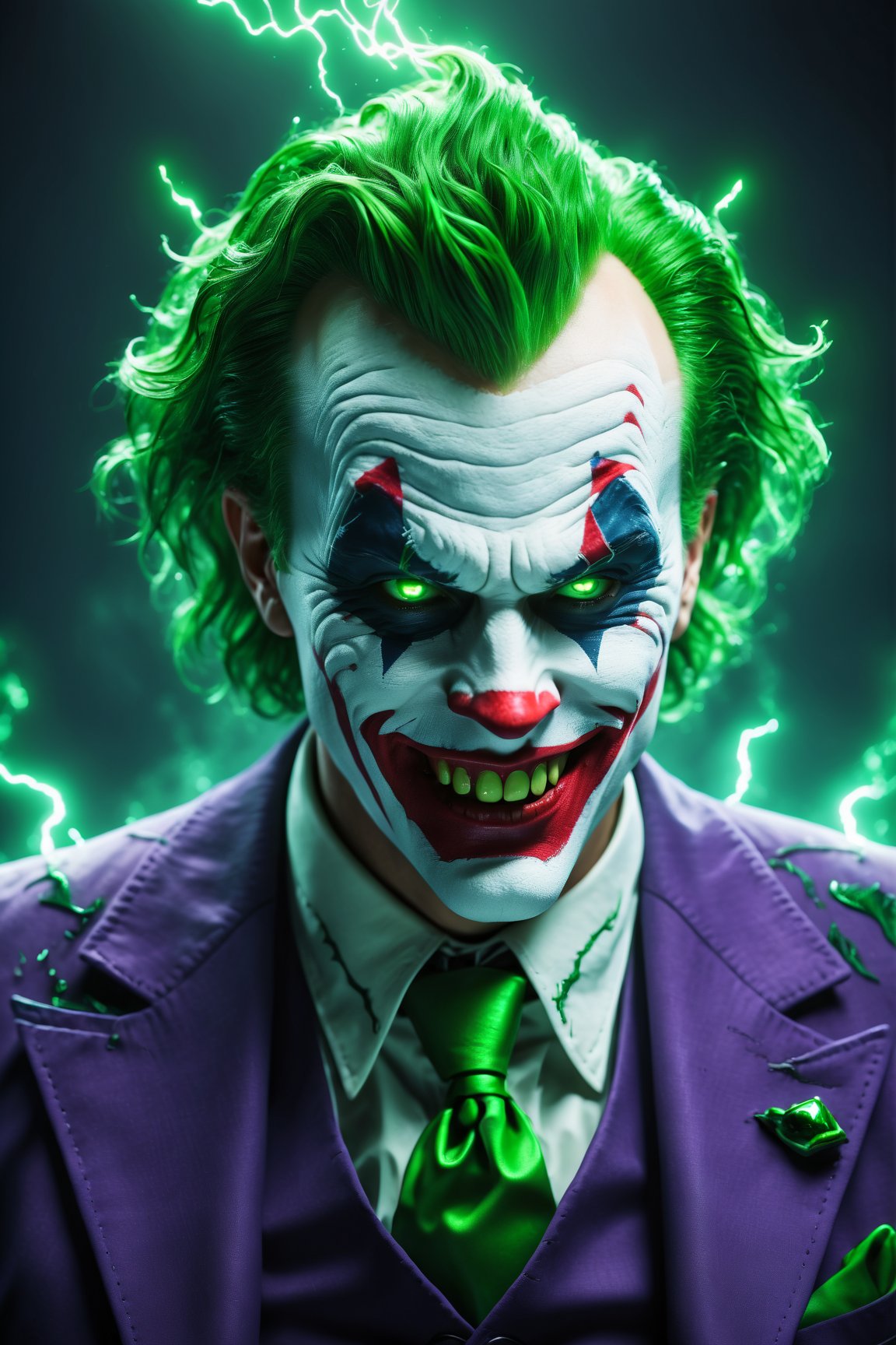 The Dark Joker with Green Evil Light eyes and lighting green thunder Dc, scary, Classic Academia, Flexography, ultra wide-angle, Game engine rendering, Grainy, Collage, analogous colors, Meatcore, infrared lighting, Super detailed, photorealistic, food photography, Cycles render, 4k
