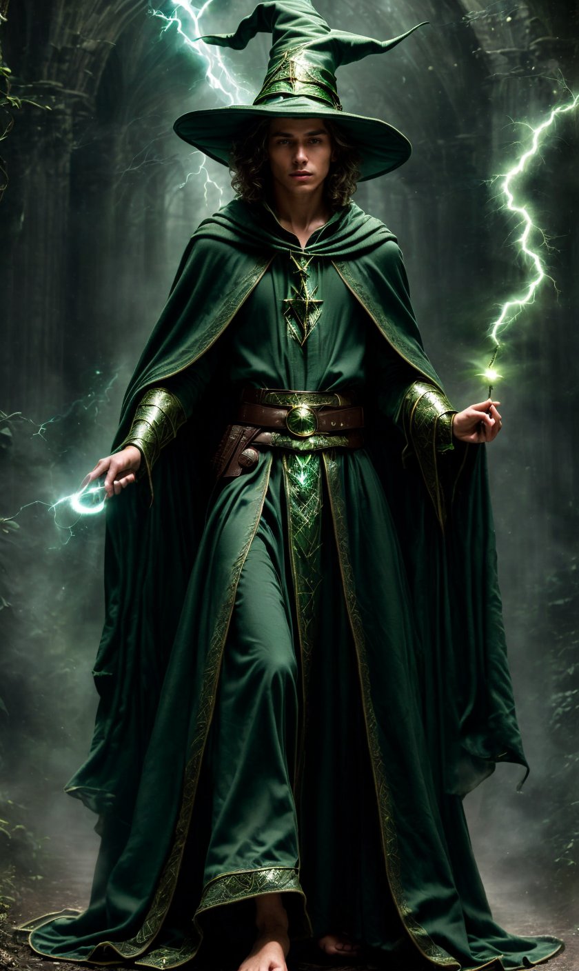 Super realistic image, high quality uhd 8K, of (18 year old boy) with round glasses, Presto dungeonsanddragons, realistically detailed ((slim body, highly detailed)), ((tall model)), dark hair, highly detailed realistic skin, ((fantasy wizard robe with long green skirt and intricate details, several belts at the waist)), ((green wizard magic cloak, mysterious atmosphere)) (((doing magic with his wizard peaked hat))) ((casting spells magical lightning)) , real bright colors, standing