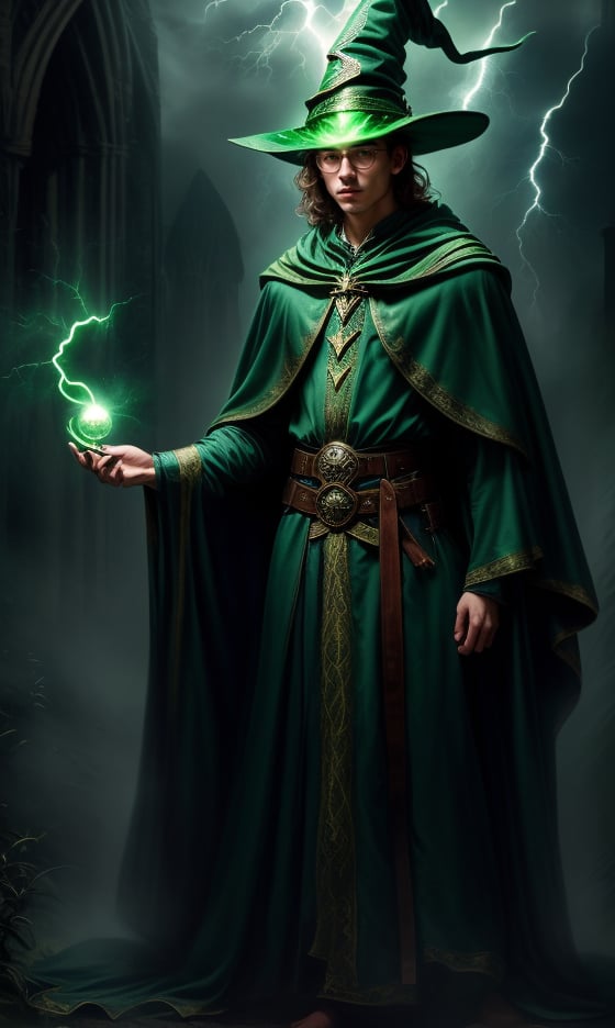 Super realistic image, high quality uhd 8K, of (18 year old boy) with round glasses, Presto dungeonsanddragons, realistically detailed ((slim body, highly detailed)), ((tall model)), dark hair, highly detailed realistic skin, ((fantasy wizard robe with long green skirt and intricate details, several belts at the waist)), ((green wizard magic cloak, mysterious atmosphere)) (((doing magic with his wizard peaked hat))) ((casting spells magical lightning)) , real bright colors, standing,Masterpiece,photorealistic
