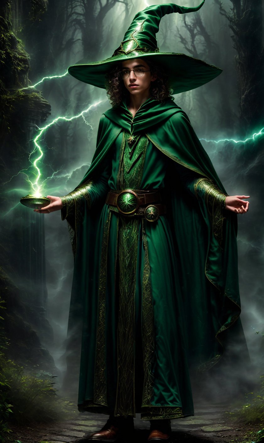 Super realistic image, high quality uhd 8K, of (18 year old boy) with round glasses, Presto dungeonsanddragons, realistically detailed ((slim body, highly detailed)), ((tall model)), dark hair, highly detailed realistic skin, ((fantasy wizard robe with long green skirt and intricate details, several belts at the waist)), ((green wizard magic cloak, mysterious atmosphere)) (((doing magic with his wizard peaked hat))) ((casting spells magical lightning)) , real bright colors, standing,Masterpiece