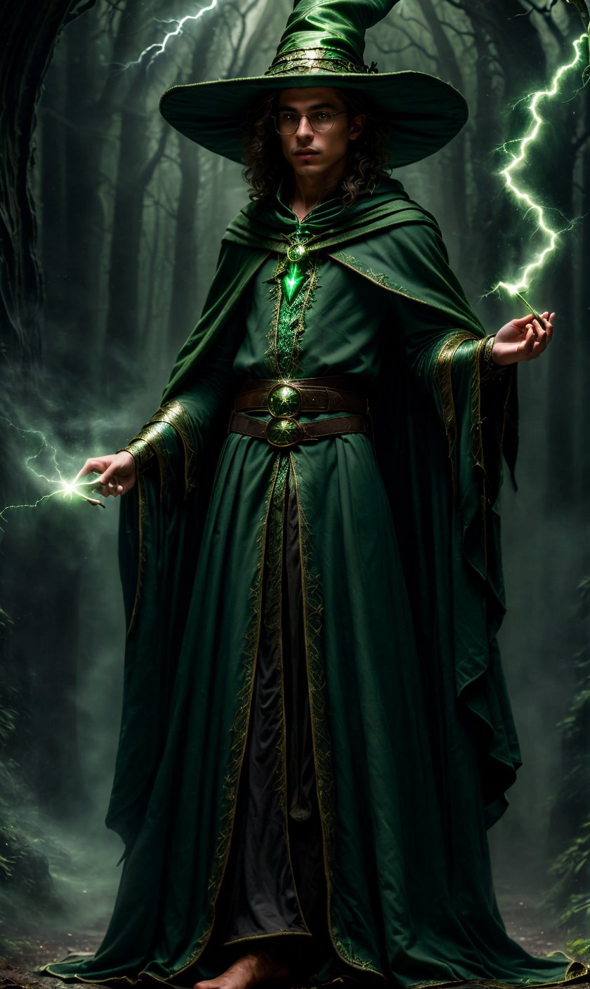 Super realistic image, high quality uhd 8K, of (18 year old boy) with round glasses, Presto dungeonsanddragons, realistically detailed ((slim body, highly detailed)), ((tall model)), dark hair, highly detailed realistic skin, ((fantasy wizard robe with long green skirt and intricate details, several belts at the waist)), ((green wizard magic cloak, mysterious atmosphere)) (((doing magic with his wizard peaked hat))) ((casting spells magical lightning)) , real bright colors, standing,Masterpiece