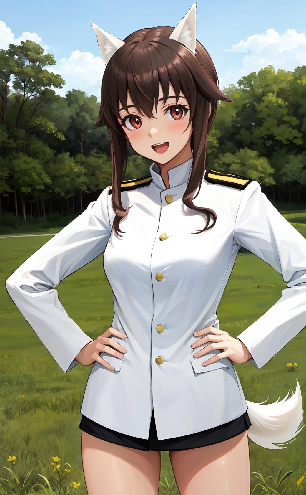 masterpiece, best quality, highres,JunkoAi, 1girl, solo, brown hair, red eyes, animal ears, brown eyes, breasts, medium breasts, smile, open mouth, bangs, tail, sidelocks, medium hair, dog ears, dog tail, dog girl, takei junko, long sleeves, jacket, uniform, military, military uniform, white jacket, striker unit, bare legs, cowboy shot, looking at viewer, hands on own hips, outdoors, grass, field, forest, sunlight, sky, blue sky, <lora:Junko:1>