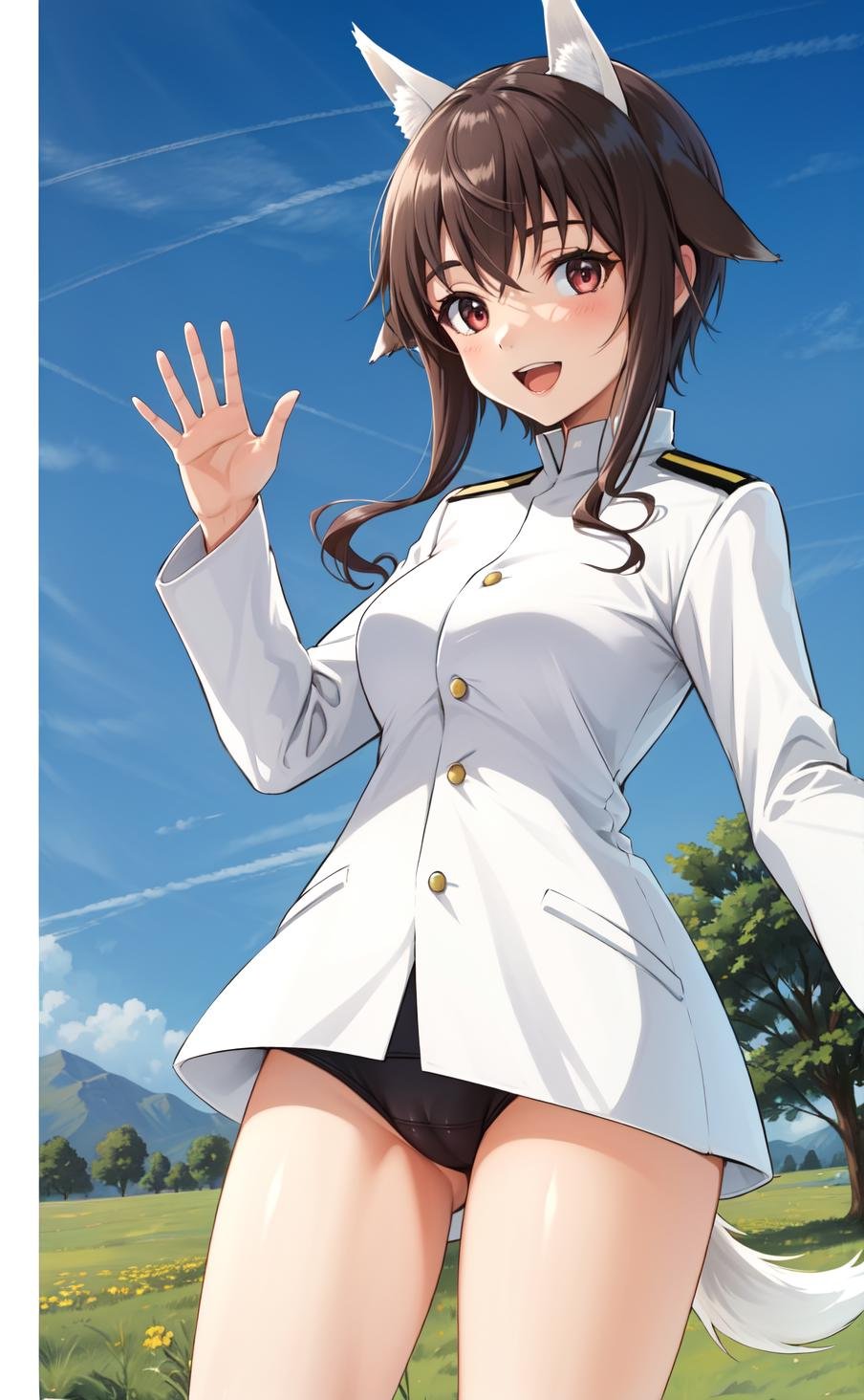 masterpiece, best quality, highres,1girl, solo, brown hair, red eyes, animal ears, brown eyes, breasts, medium breasts, smile, open mouth, bangs, tail, sidelocks, medium hair, dog ears, dog tail, dog girl, long sleeves, jacket, uniform, military, military uniform, white jacket, striker unit, bare legs, cameltoe,cowboy shot, looking at viewer, waving, waving arms, outdoors, grass, field, forest, sunlight, sky, blue sky, <lora:Junko:0.9>