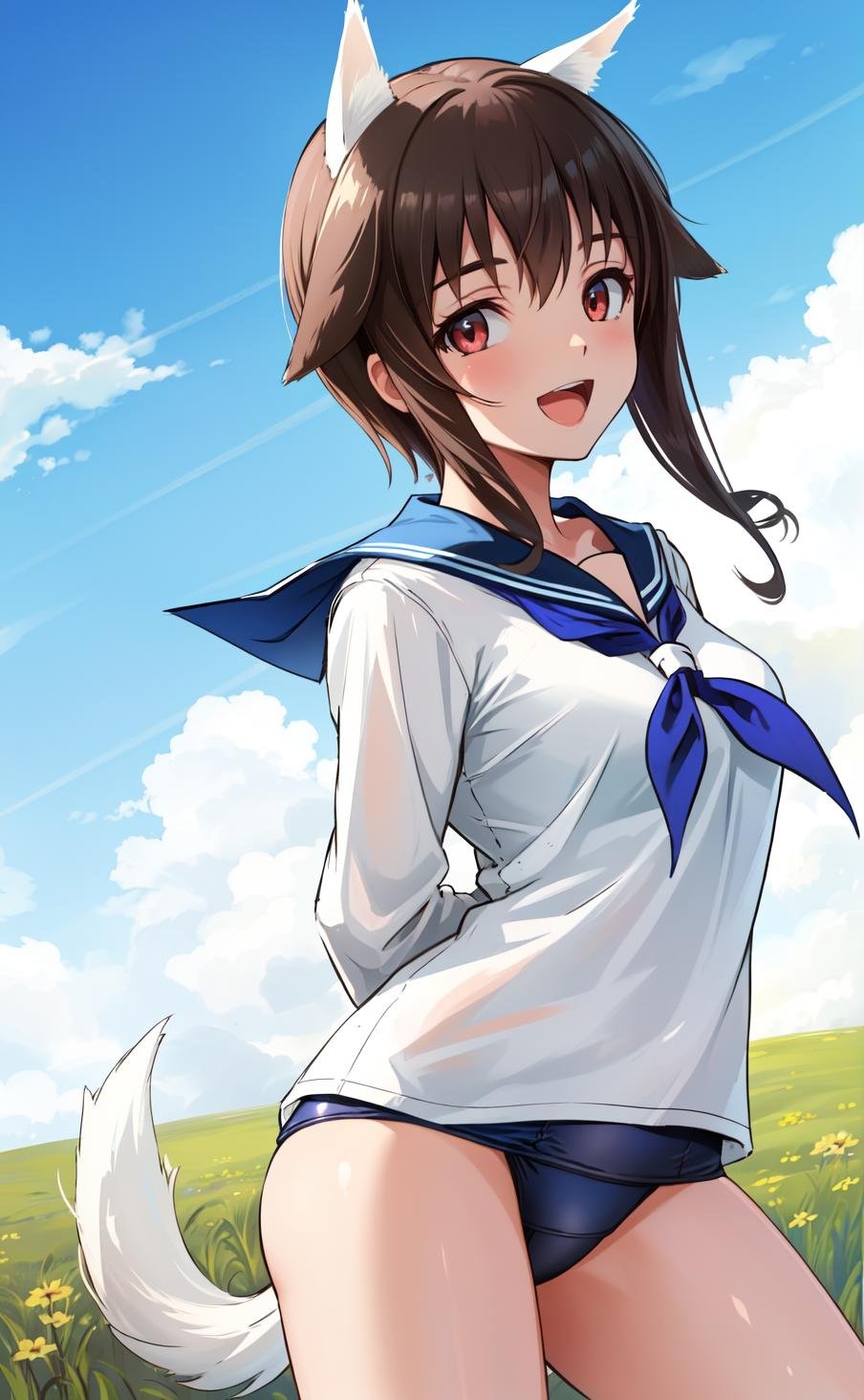 masterpiece, best quality, highres,1girl, solo, brown hair, red eyes, animal ears, brown eyes, breasts, medium breasts, smile, open mouth, bangs, tail, sidelocks, medium hair, dog ears, dog tail, dog girl, long sleeves, school uniform, white shirt, sailor collar, neckerchief, serafuku, blue neckerchief, black neckerchief, swimsuit, uniform, one-piece swimsuit, school swimsuit, swimsuit under clothes, blue sailor collar, blue one-piece swimsuit, blue neckerchief, old school swimsuit,cowboy shot, looking at viewer, arms behind back, outdoors, grass, field, forest, sunlight, sky, blue sky, <lora:Junko:1>