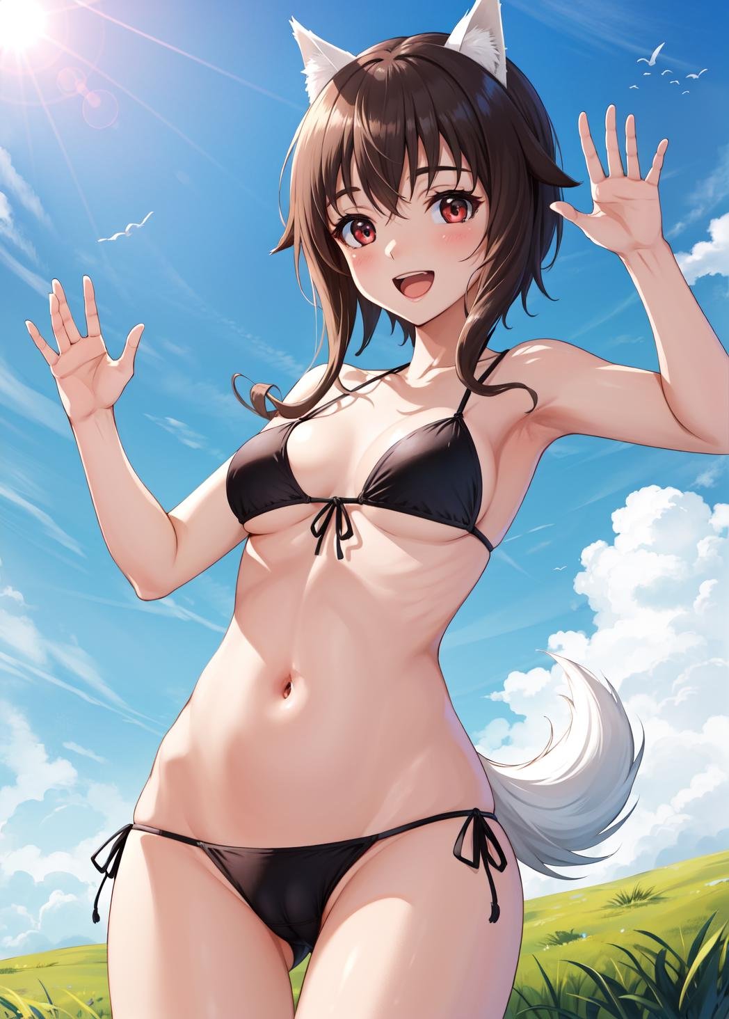 masterpiece, best quality, highres,1girl, solo, brown hair, red eyes, animal ears, brown eyes, breasts, medium breasts, smile, open mouth, bangs, tail, sidelocks, medium hair, dog ears, dog tail, dog girl, bare shoulders, bare arms, navel, stomach, micro bikini, black bikini, side-tie bikini bottom, cameltoe, cowboy shot, looking at viewer, waving, waving arms, outdoors, grass, field, forest, sunlight, sky, blue sky, <lora:Junko:0.9>
