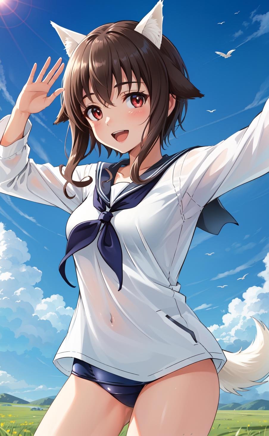 masterpiece, best quality, highres,1girl, solo, brown hair, red eyes, animal ears, brown eyes, breasts, medium breasts, smile, open mouth, bangs, tail, sidelocks, medium hair, dog ears, dog tail, dog girl, long sleeves, school uniform, white shirt, sailor collar, neckerchief, serafuku, blue neckerchief, black neckerchief, swimsuit, uniform, one-piece swimsuit, school swimsuit, swimsuit under clothes, blue sailor collar, blue one-piece swimsuit, blue neckerchief, old school swimsuit,cowboy shot, looking at viewer, waving, waving arms, outdoors, grass, field, forest, sunlight, sky, blue sky, <lora:Junko:0.9>