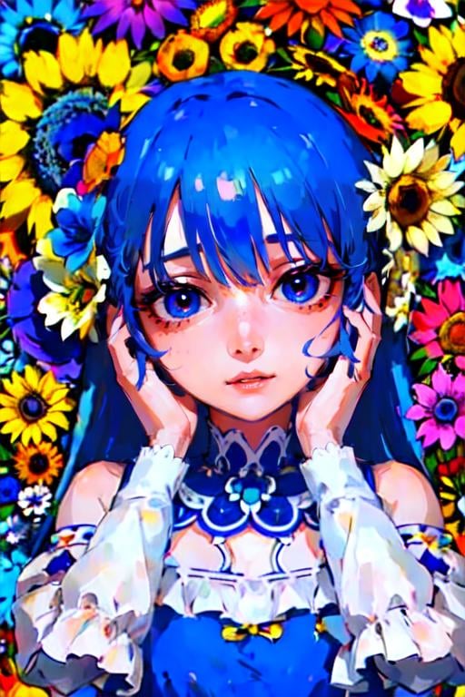 psychedelic, 1girl, hair flower, blue eyes, hair ornament, looking at viewer, blue hair, hands on own face, white flower, blue flower, purple flower, upper body, hands on own cheeks, jewelry, long hair, yellow flower, fish, pink flower, orange flower, bare shoulders<lora:EMS-310941-EMS:0.900000>
