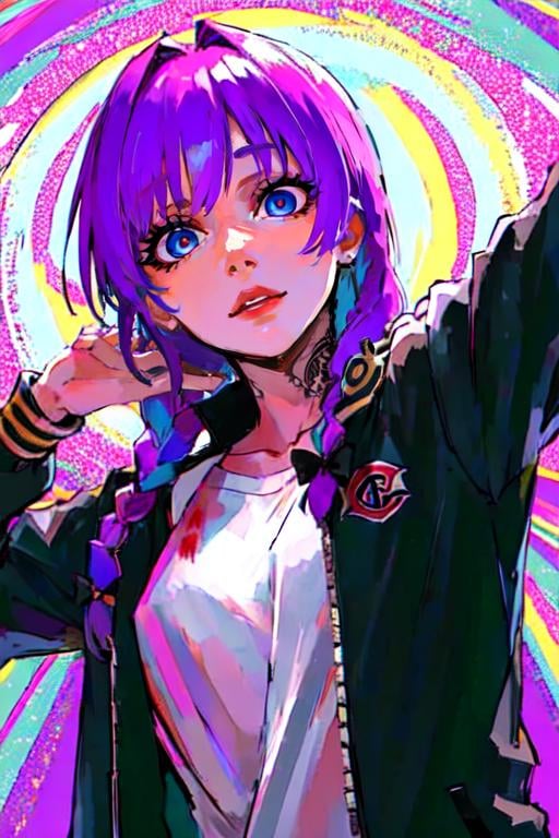 psychedelic, 1girl, middle finger, sharp teeth, multicolored jacket, black nails, tongue out, two-tone jacket, multicolored clothes, holding, looking at viewer, hair bow, open clothes, bangs, open jacket, long hair, black bow, single braid, open mouth, baseball bat, hair over shoulder, long sleeves, blood, white jacket, letterman jacket, purple hair, black jacket, dress, smile, @ @, blue eyes, ringed eyes, sweat, nail polish<lora:EMS-310941-EMS:0.900000>