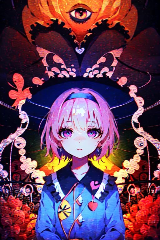 psychedelic, multiple girls, komeiji satori, 2girls, komeiji koishi, siblings, sisters, blue shirt, closed mouth, short hair, pink hair, upper body, buttons, blouse, heart button, heart hair ornament, black hairband, frills, third eye, pink eyes, frilled shirt collar, looking at viewer, abstract background, yellow shirt, :|, diamond button, no headwear, heads together, long sleeves, one eye covered, expressionless<lora:EMS-310941-EMS:0.900000>