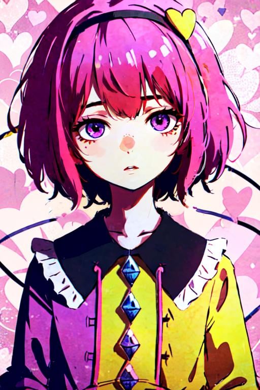 psychedelic, multiple girls, komeiji satori, 2girls, komeiji koishi, siblings, sisters, blue shirt, closed mouth, short hair, pink hair, upper body, buttons, blouse, heart button, heart hair ornament, black hairband, frills, third eye, pink eyes, frilled shirt collar, looking at viewer, abstract background, yellow shirt, :|, diamond button, no headwear, heads together, long sleeves, one eye covered, expressionless<lora:EMS-310941-EMS:0.900000>