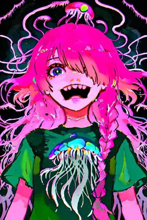 psychedelic, 1girl, pink hair, looking at viewer, sharp teeth, long hair, abstract, hair over one eye, green shirt, open mouth, upper body, braid, short sleeves, smile, jellyfish<lora:EMS-310941-EMS:0.900000>