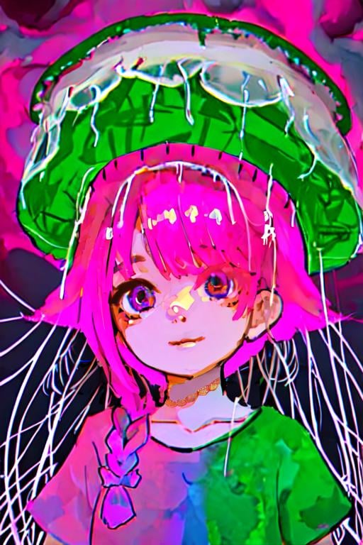 psychedelic, 1girl, pink hair, looking at viewer, sharp teeth, long hair, abstract, hair over one eye, green shirt, open mouth, upper body, braid, short sleeves, smile, jellyfish<lora:EMS-310941-EMS:0.900000>