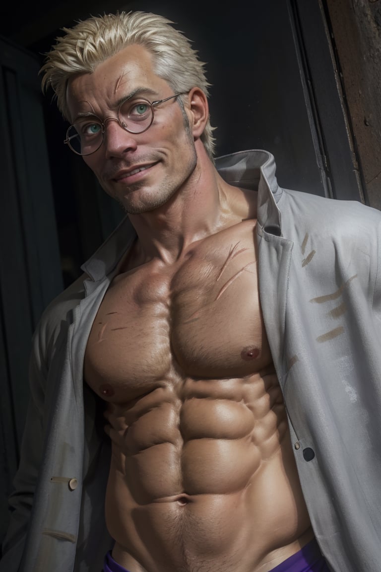 solo male, Alexander Anderson, Hellsing, Catholic priest, short silver-blond hair, green eyes, tanned skin, defined squared jaw, light facial hair, wedge-shaped scar on left cheek, round glasses, (topless. bare chest, bare neck, bare belly), (grey coat, open coat:1.2), mature, middle-aged, imposing, tall, handsome, charming, alluring, slight smile, calm, kindly, affableㄝ(portrait, close-up, face focus), face only, perfect anatomy, perfect proportions, best quality, masterpiece, high_resolution, dutch angle, photo background, Vatican City, indoor