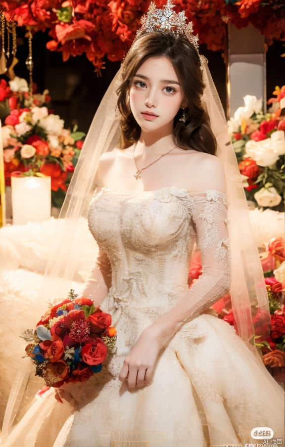 Ultra-clear 8k, real, night, smile, crown, necklace, perspective, hanger, wedding studio, nudity, holding flowers, diamonds, lots of dresses around, jy, bridal_veil, wedding dress, 1 girl