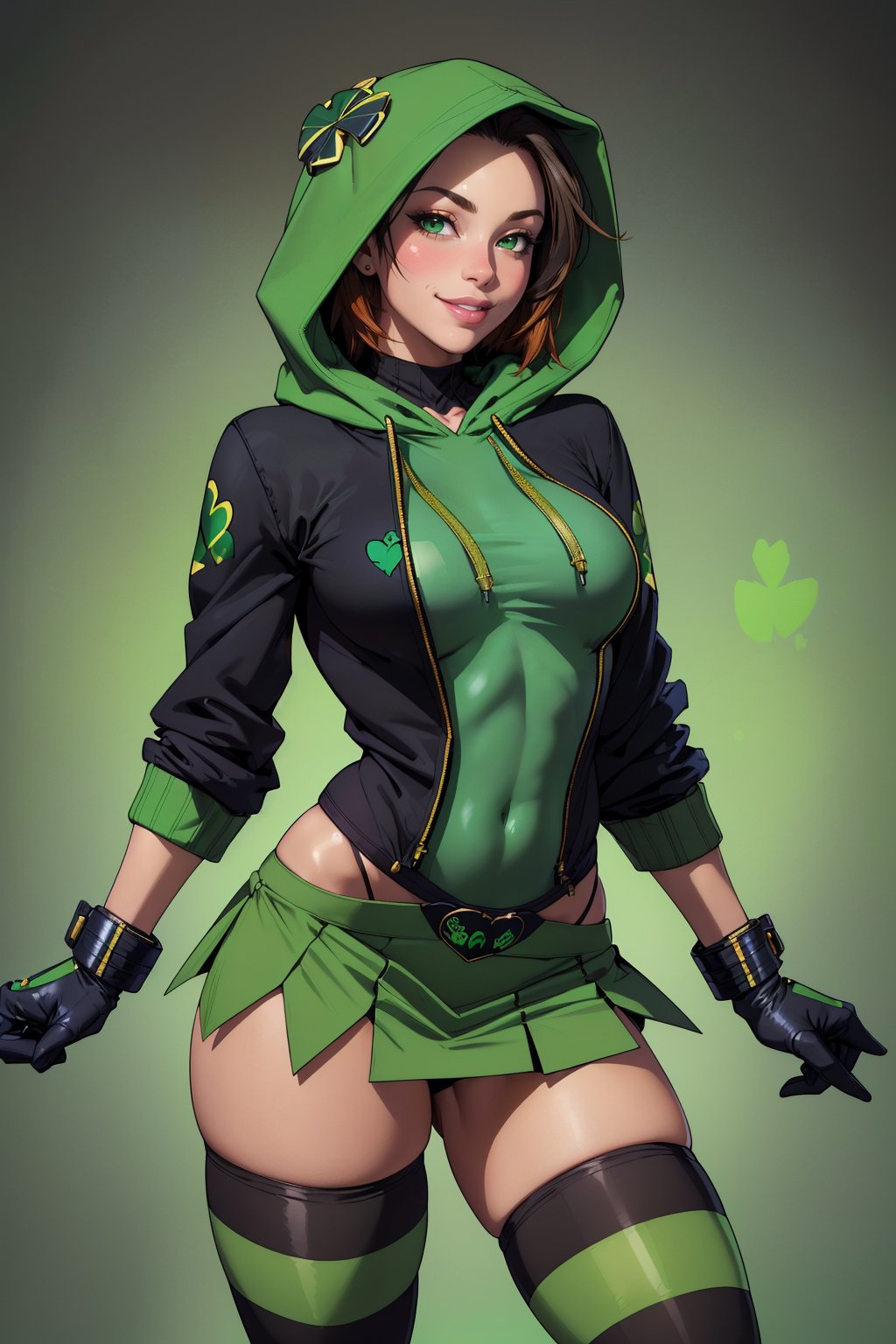 ((masterpiece,best quality,edgQuality)),(smile),1girl,solo,standing,posing,edgShamrock,green hoodie, skirt, thighhighs, gloves, striped thighhighs, wearing edgShamrock_hoodie,bar background <lora:edgShamrockHoodie:0.75>