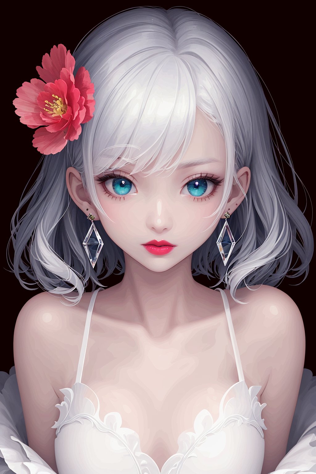 1 girl, solo,thin and tall,loli, aqua eyes, multicolored eyes, ((Eye highlight)), ((Red glossy lip gloss)), Earrings, bangs,flower theme,pink short hair,robe theme,dark background,(((masterpiece,best quality))),((good structure)),((Good composition)), ((clear, original,beautiful)), (clear details, clear light,clear structure), 