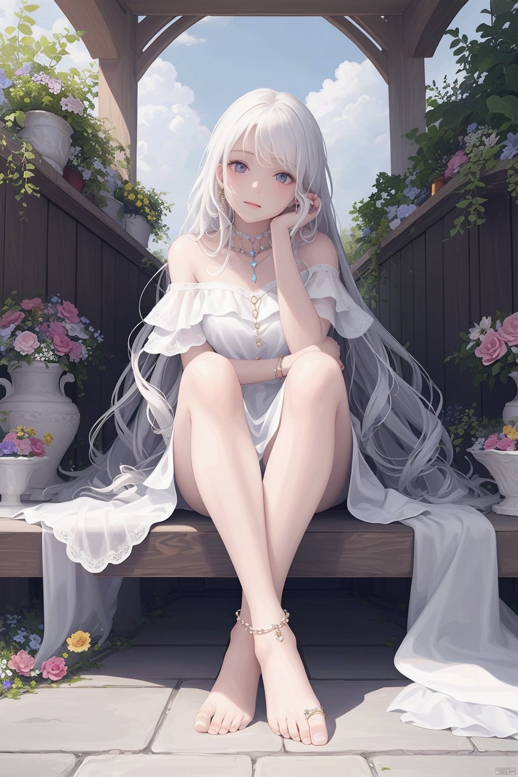  1girl.solo,long hair,jewerly,hair jewely,neck lace,off shoulder dress,bare foot,single foot ring,shining skin,sitting outdoors,flowers,sunshine,
(((masterpiece,best quality))),((good structure)),((Good composition)), ((clear, original,beautiful)), (clear details, clear light,clear structure),