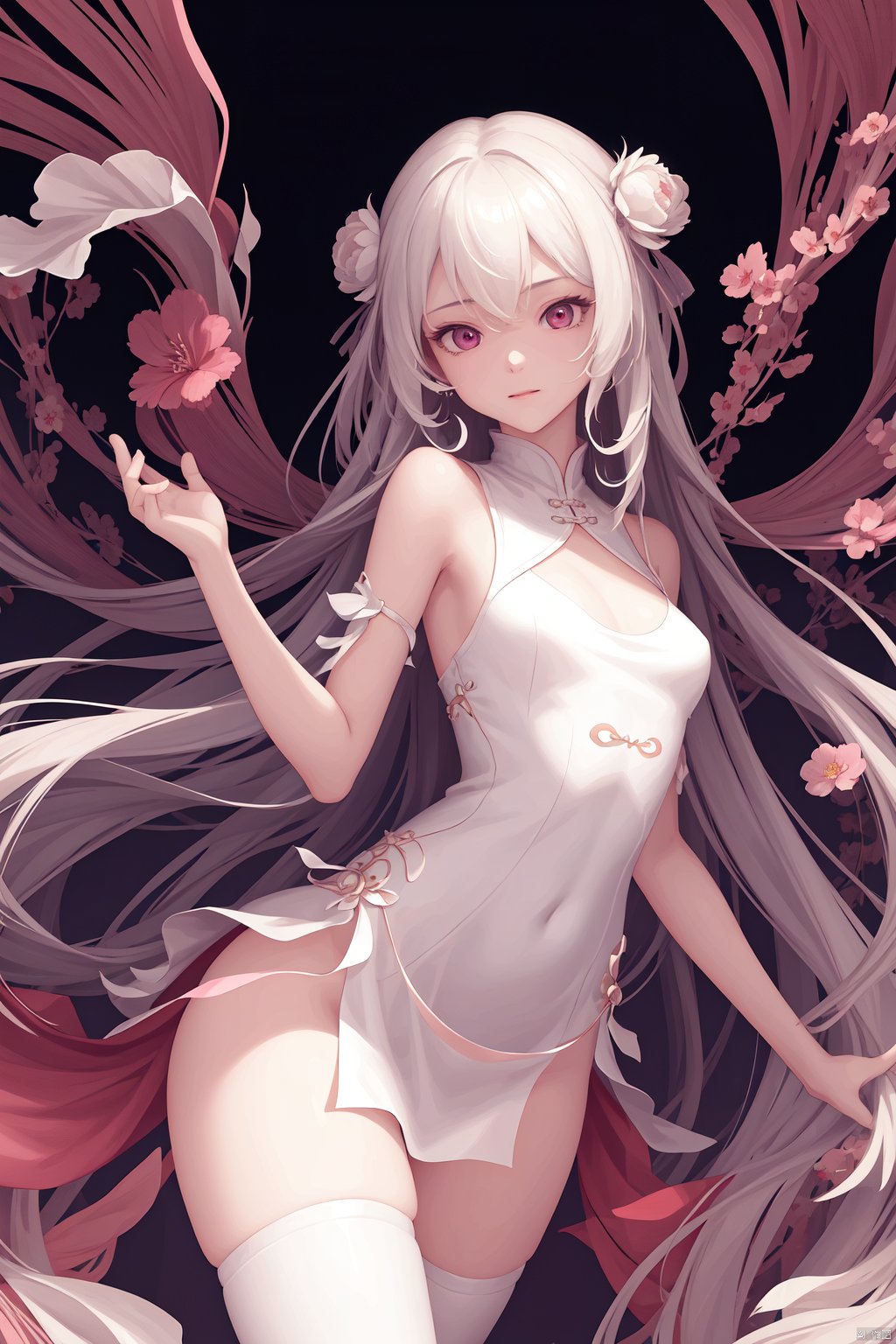  1girl, solo, looking at viewer, long hair, very long hair, small breasts, hair between eyes, bare shoulders, bangs, ((chinese clothes)),dark background,white pink theme,, (((masterpiece,best quality))),Fantastic, imaginative, emotional, emotional rendering, brightly colored,ultra high res, Dynamic curves, active visuals, emotional colors, artistic sense, artistic colors, emotional colors, visual guidance,illustration,CG ,unity ,wallpaper, Amazing, an extremely delicate and beautiful, sharp focus,aerial perspective background,((good structure)),((Good composition)), ((clear, original,beautiful)), (clear details, clear light,clear structure), NVZ