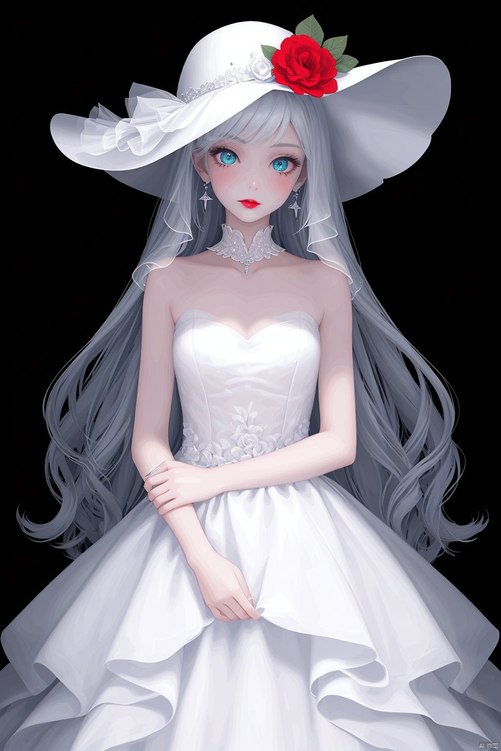  1 girl, solo,thin and tall,loli, aqua eyes, multicolored eyes, ((Eye highlight)), ((Red glossy lip gloss)), Earrings, bangs, long hair,wedding dress,Wedding Hat,flowertheme,
(((masterpiece,best quality))),((good structure)),((Good composition)), ((clear, original,beautiful)), (clear details, clear light,clear structure),