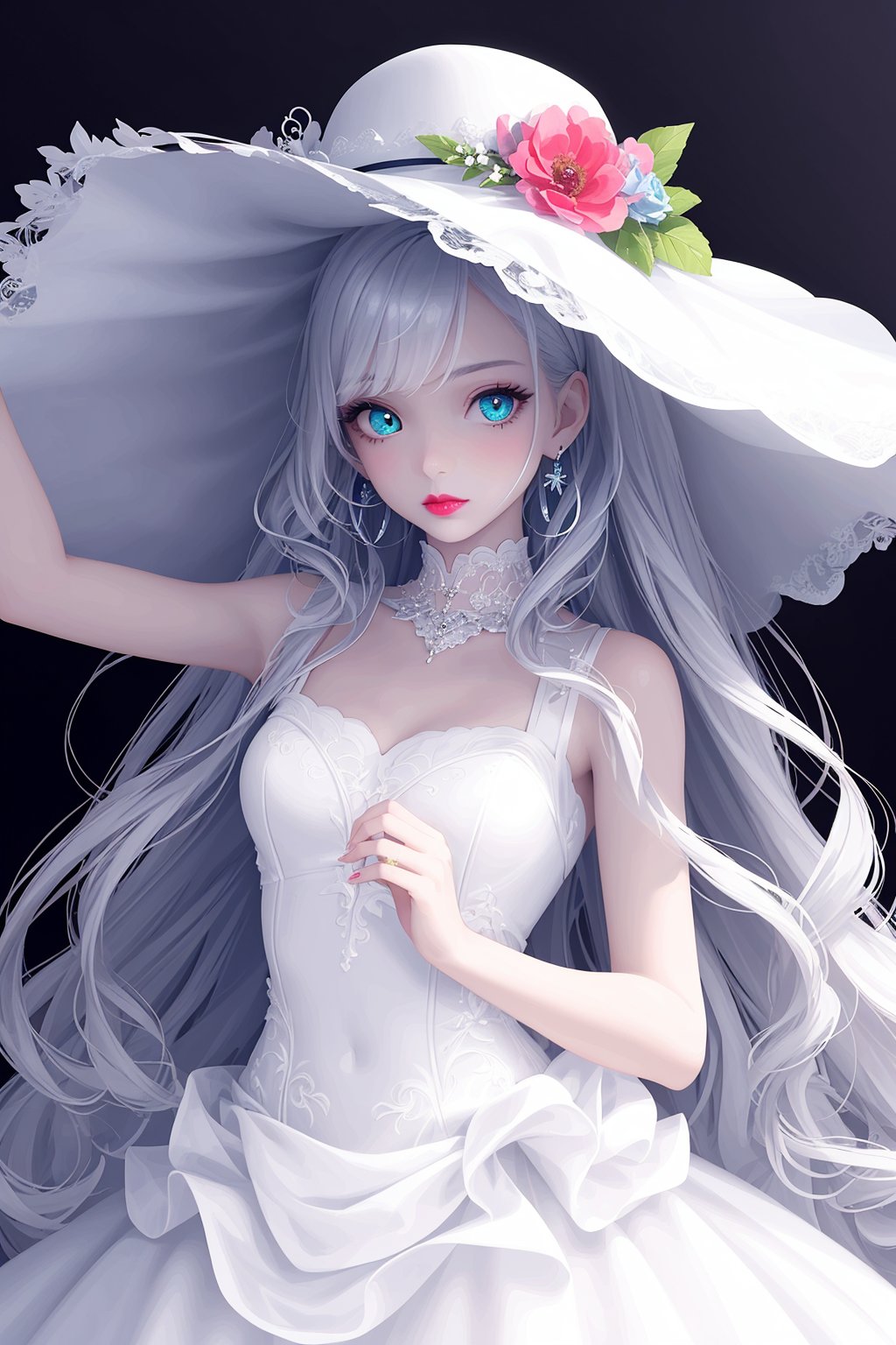 1 girl, solo,thin and tall,loli, aqua eyes, multicolored eyes, ((Eye highlight)), ((Red glossy lip gloss)), Earrings, bangs, long hair,wedding dress,Wedding Hat,flowertheme,pink long hair,(((masterpiece,best quality))),((good structure)),((Good composition)), ((clear, original,beautiful)), (clear details, clear light,clear structure), 