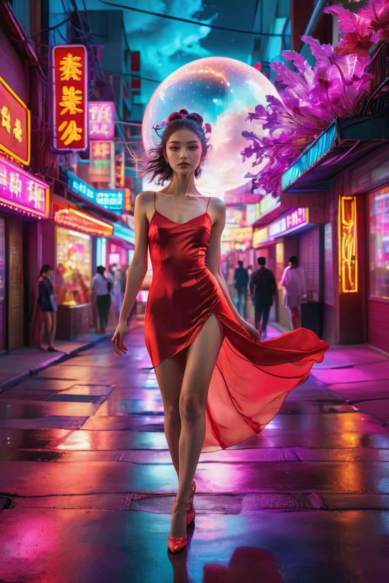,a woman in a red dress,full body, pose the middle of the street with neon lights, wearing glass, high fashion magazine cover
, clouds forming a celestial ballet, exotic flora adding to the dreamlike atmosphere, more detail XL,NeonLG,LinkGirl