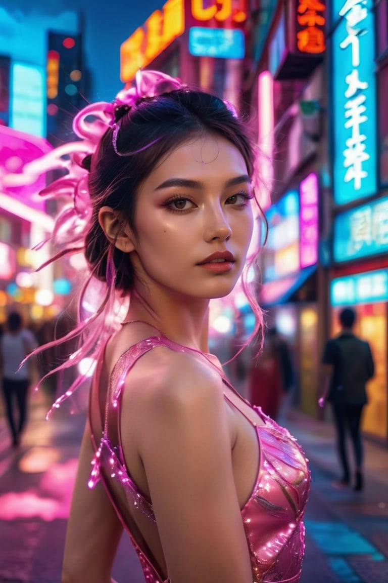 (close-up face view:1.9),a woman in a pink dress, pose the middle of the street, wearing glass, neon lights, high fashion magazine cover
, clouds forming a celestial ballet, exotic flora adding to the dreamlike atmosphere, more detail XL,NeonLG,LinkGirl