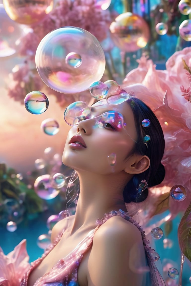 (close-up face view:1.9),a woman in a pink dress blowing bubbles, high fashion magazine cover, glossy flecks of iridescence, of a youthful Japanese girl, wearing translucent sheet, blue sky above, promotional render, adorned in a transparent plugsuit, delicate crystal wings extending gracefully, immersed in an alien landscape, clouds forming a celestial ballet, exotic flora adding to the dreamlike atmosphere.",more detail XL,glitter,Glass Elements,skirtlift,dreamgirl,bubbleGL,NeonLG