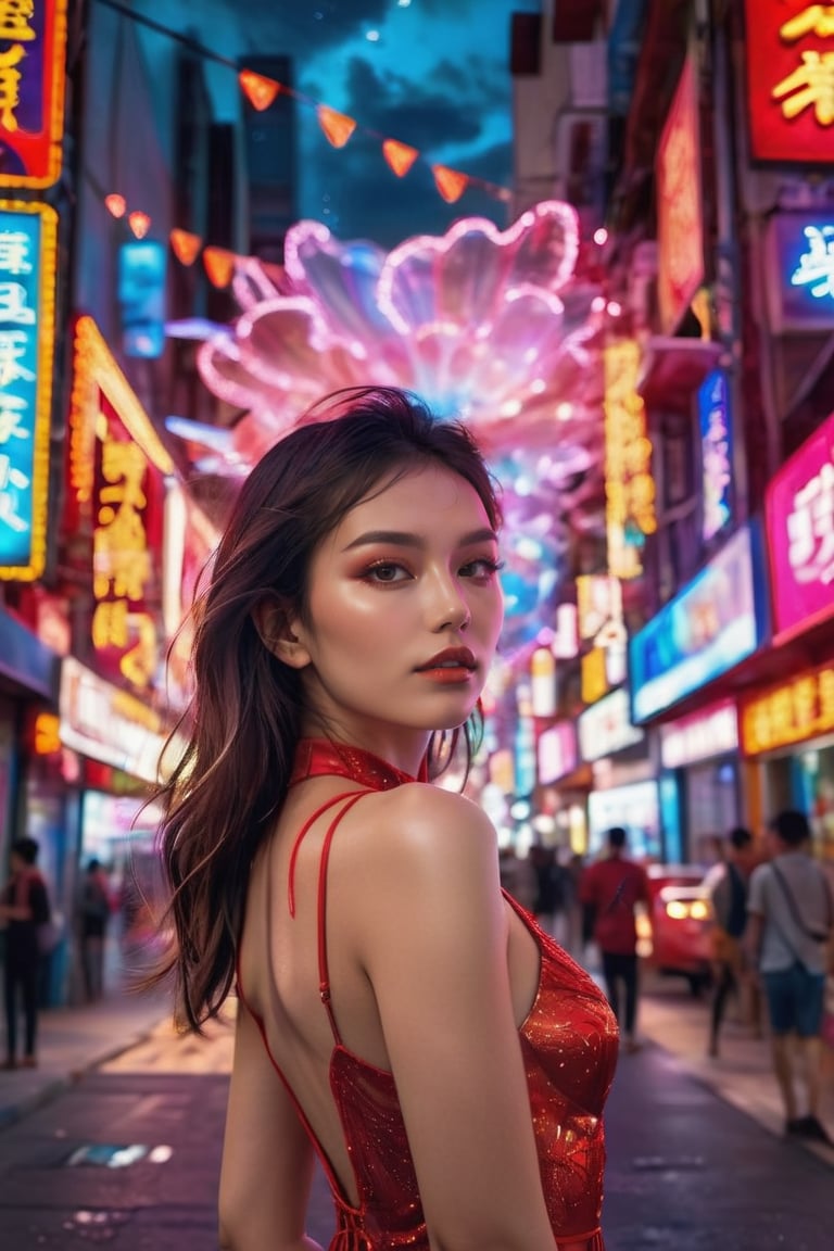 (close-up face view:1.9),a woman in a red dress, pose the middle of the street with neon lights, wearing glass, high fashion magazine cover
, clouds forming a celestial ballet, exotic flora adding to the dreamlike atmosphere, more detail XL,NeonLG,LinkGirl