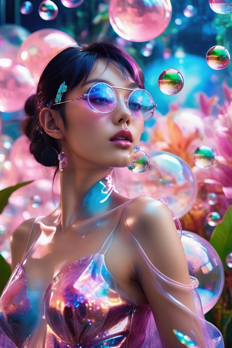 (close-up face view:1.9),a woman in a pink dress blowing bubbles, high fashion magazine cover, Neon lights, glossy flecks of iridescence, of a youthful Japanese girl, wearing translucent sheet, blue sky above, promotional render, adorned in a transparent plugsuit, delicate crystal wings extending gracefully, immersed in an alien landscape, clouds forming a celestial ballet, exotic flora adding to the dreamlike atmosphere.",more detail XL,glitter,Glass Elements,skirtlift,dreamgirl,bubbleGL,NeonLG