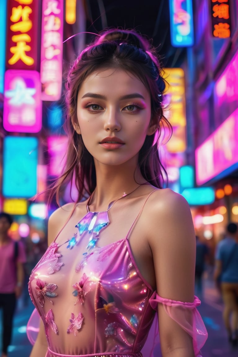 (close-up face view:1.9),a woman in a pink dress, pose the middle of the street, wearing glass, neon lights, high fashion magazine cover
, clouds forming a celestial ballet, exotic flora adding to the dreamlike atmosphere, more detail XL,NeonLG,LinkGirl