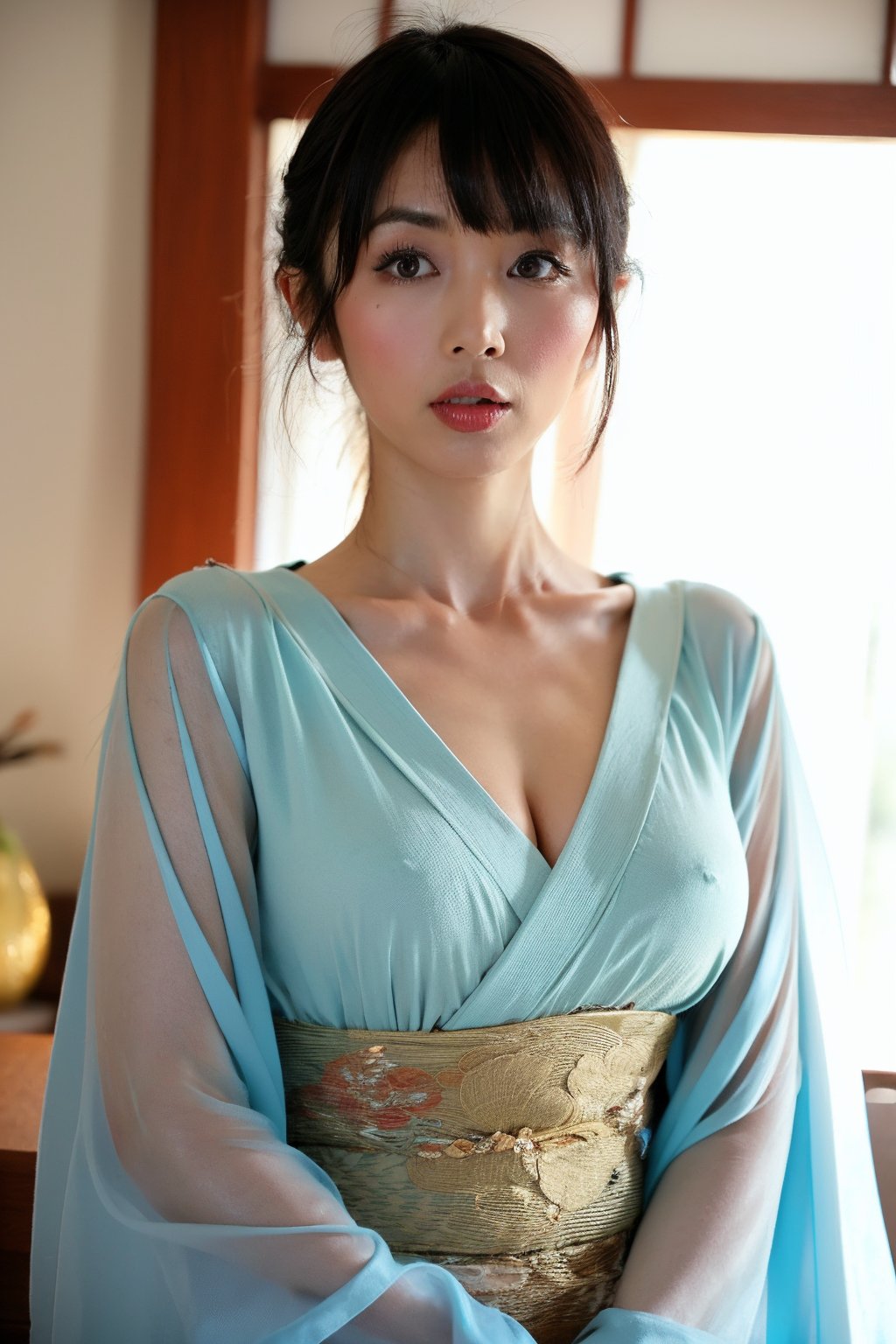 (japanese 35 years old woman:1.2),sutty milf, best quality, high res, 8k, day, bright, (coast,beach:0.8), (bangs:1.5), soft lighting, wind, shiny skin, looking at viewer,(upper body:1.2),(western style living room),marica,(see-through kimono:1.2),shy<lora:EMS-69494-EMS:0.600000>, <lora:EMS-315864-EMS:0.800000>