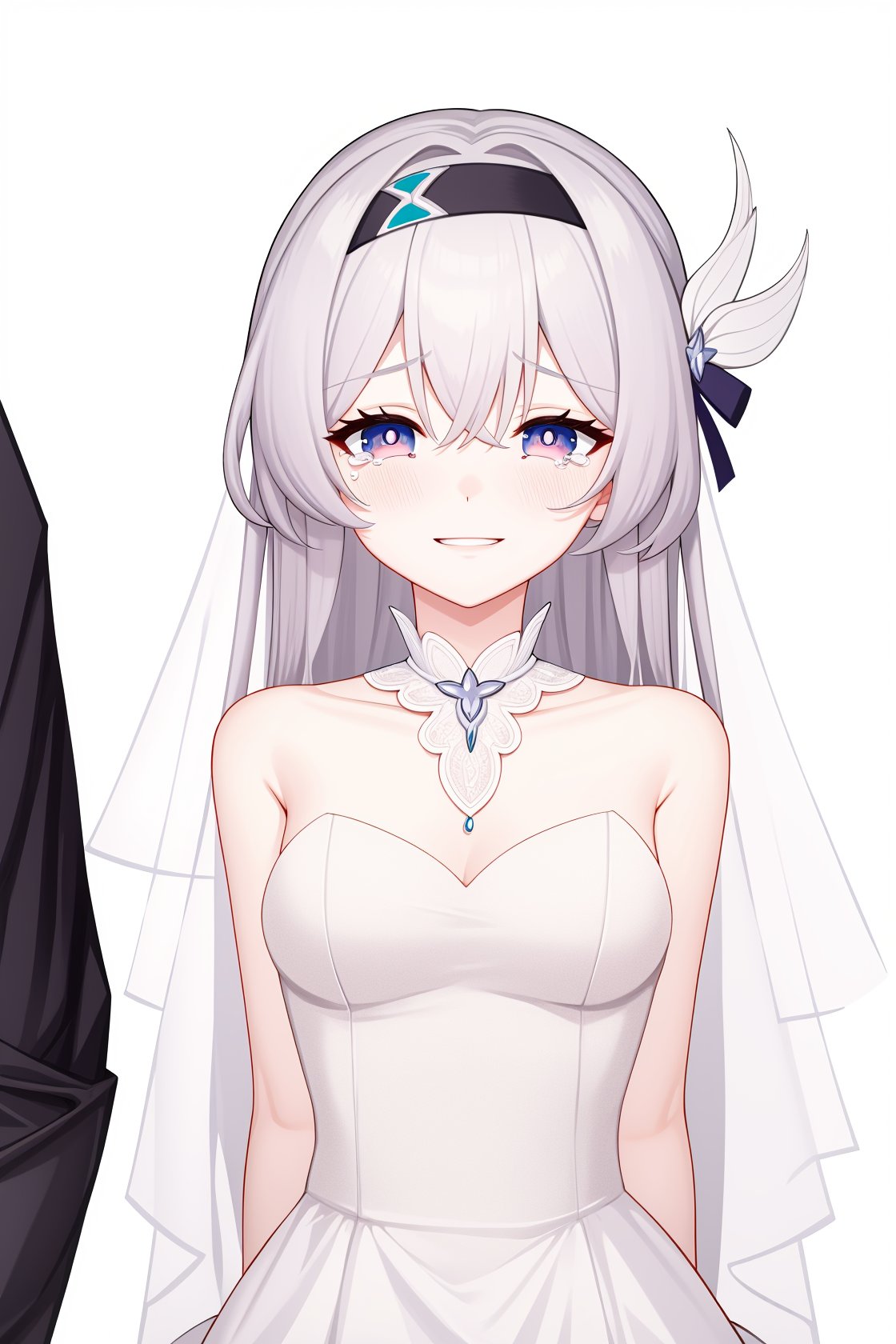 <lora:流萤v35.0:0.95:lbw=char>,liuying,bangs,black hairband,high quality,green dress,grey hair,wedding dress,bridal veil,detailed face,light smile,tears,crying,half-closed eye,arms behind back,, (masterpiece,best quality:1.2),absurdres, high quality,