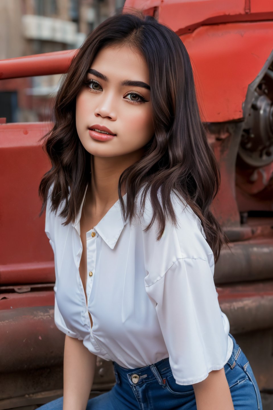 (Best Quality, High Resolution, Masterpiece: 1.3), a beautiful Filipina woman, dark brown hair, loose wavy shape, details of face and skin texture beautifully presented, detailed eyes, double eyelids, skinny jeans, industrial city,photorealistic,girlvn,1 girl,Masterpiece