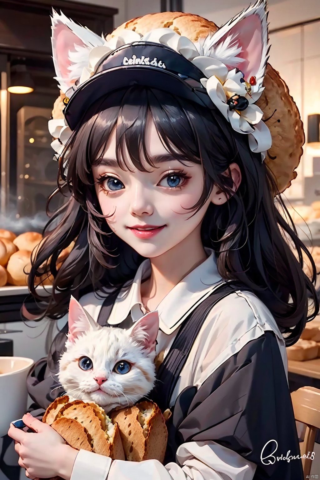  Masterpiece, high quality, 8K, 1 Girl, cute, Cat's ears (Steamed cat-ear shaped bread), beard, smile, red hat, big eyes,

