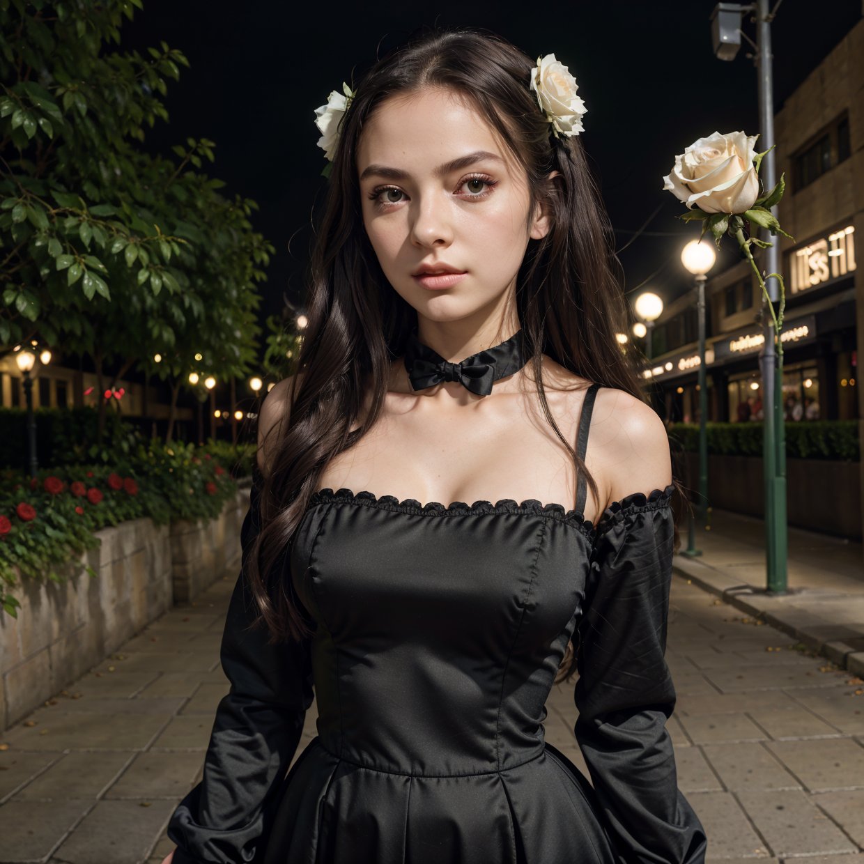 ((masterpiece, best quality)),best aesthetic,1girl, solo, long hair, black dress, flower, ribbon, black background, black hair, rose, hair ribbon, green eyes, long sleeves, white rose, closed mouth, black ribbon, upper body, cinematic lighting