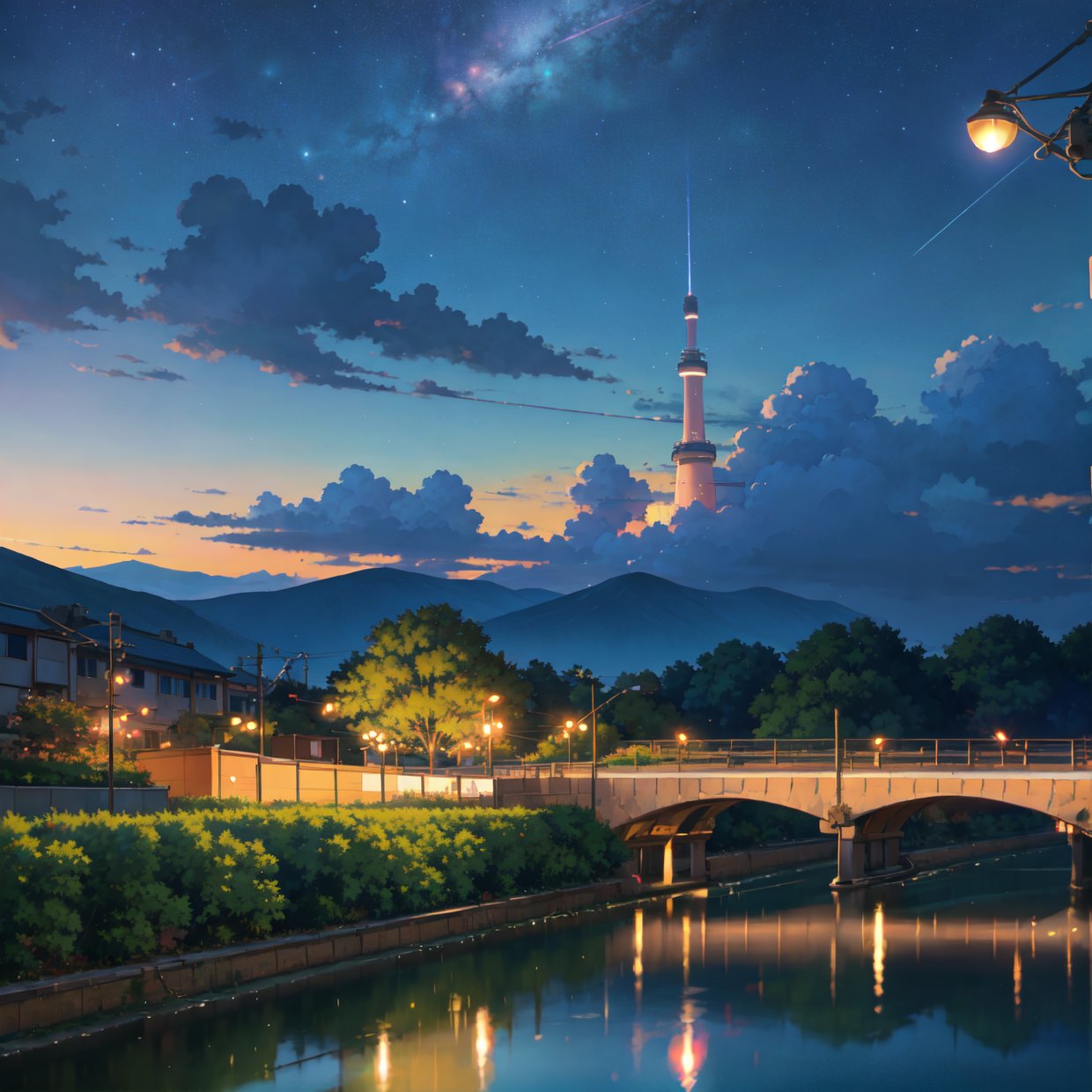 High quality masterpieces, landscapes, clouds, anime train passing water bodies on railway tracks in the distance, bright starry sky. traveler, romantic lights, pixiv, concept art, lofi art style, reflection. Makoto Shinkai, rophy art, beautiful anime scenes, anime scenery, detailed scenery — width 672, Makoto Shinkai's style, Makoto Shinkai's style, enhanced details.