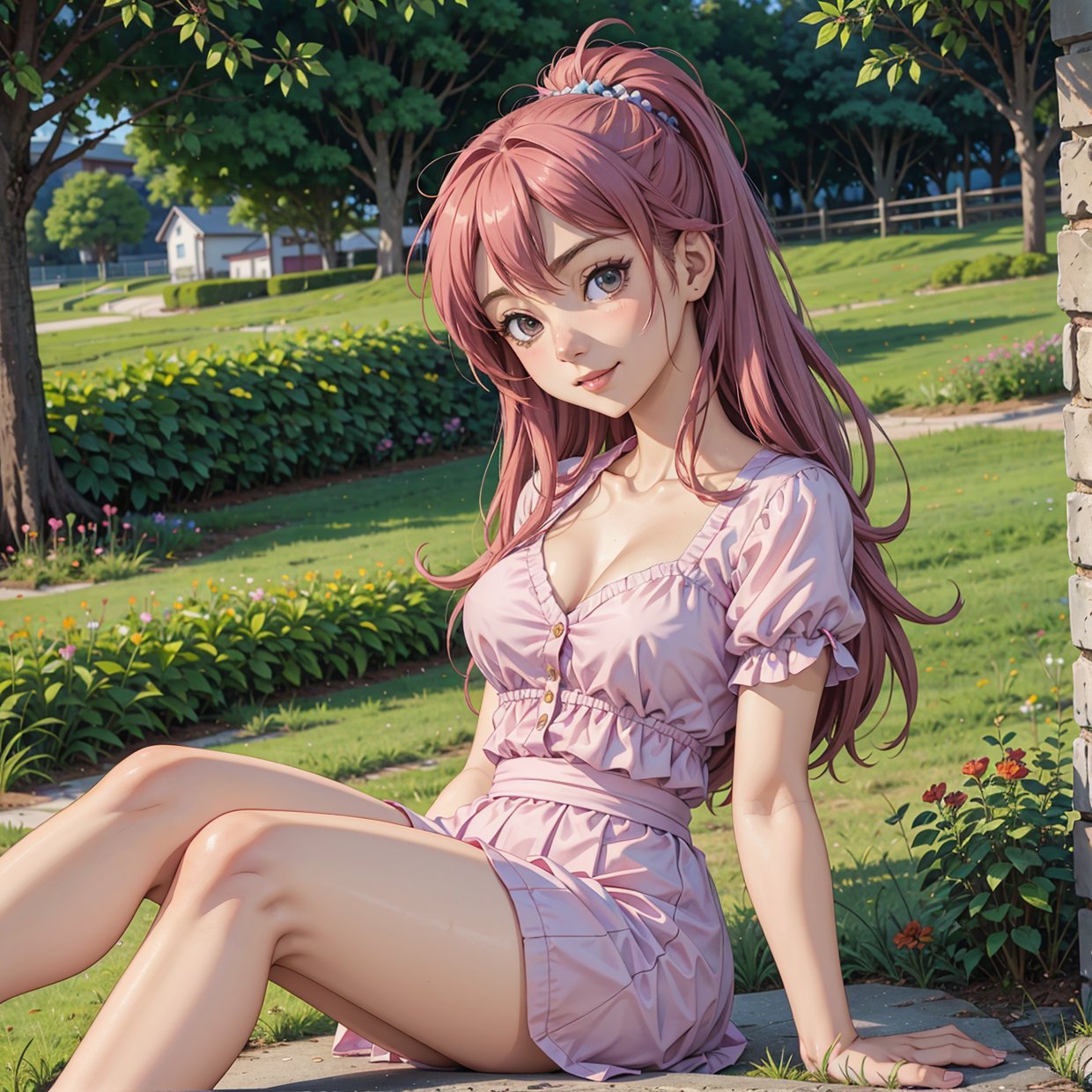 Anime girl in the anime style of the 80s sitting in a field of flowers and looking at the camera, smiling. pastel-colored