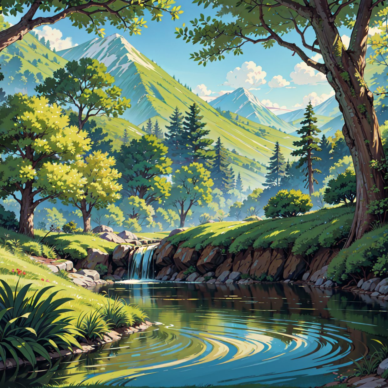 painting of a stream running through a lush green forest filled with trees, detailed painting 4 k, mountains river trees, anime landscape wallpaper, beautiful art uhd 4 k, anime countryside landscape, detailed scenery —width 672, beautiful digital painting, 4k highly detailed digital art, beautiful anime scenery, 8k high quality detailed art, anime nature wallpap, anime nature