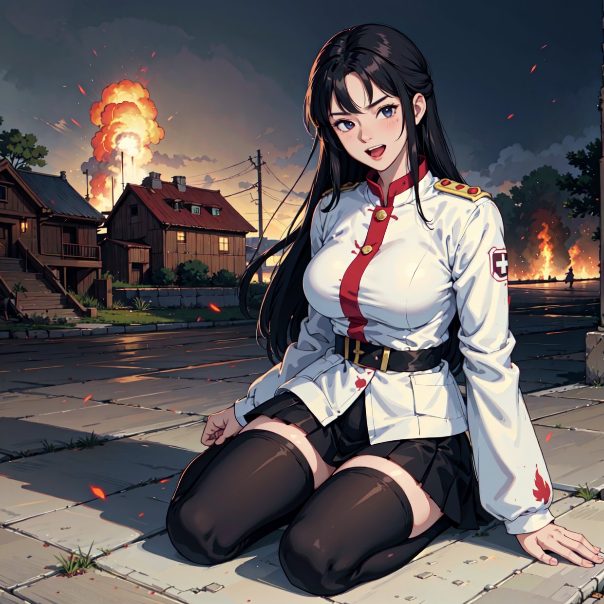 Masterpiece, top quality, ruined city and fire in the background, anime girl in uniform kneeling on the ground, white Nazi SS Militari, 4K manga wallpaper, BLEACH, Exterminator, Shalltear Bloodfallen, badass anime 8K, gapmoe yandere, yandere, albedo from Anime Overlord, creepy grin, crazy laugh, angled laughter at the corners of the mouth, black hair long hair, White miniskirt, white long-sleeved military uniform