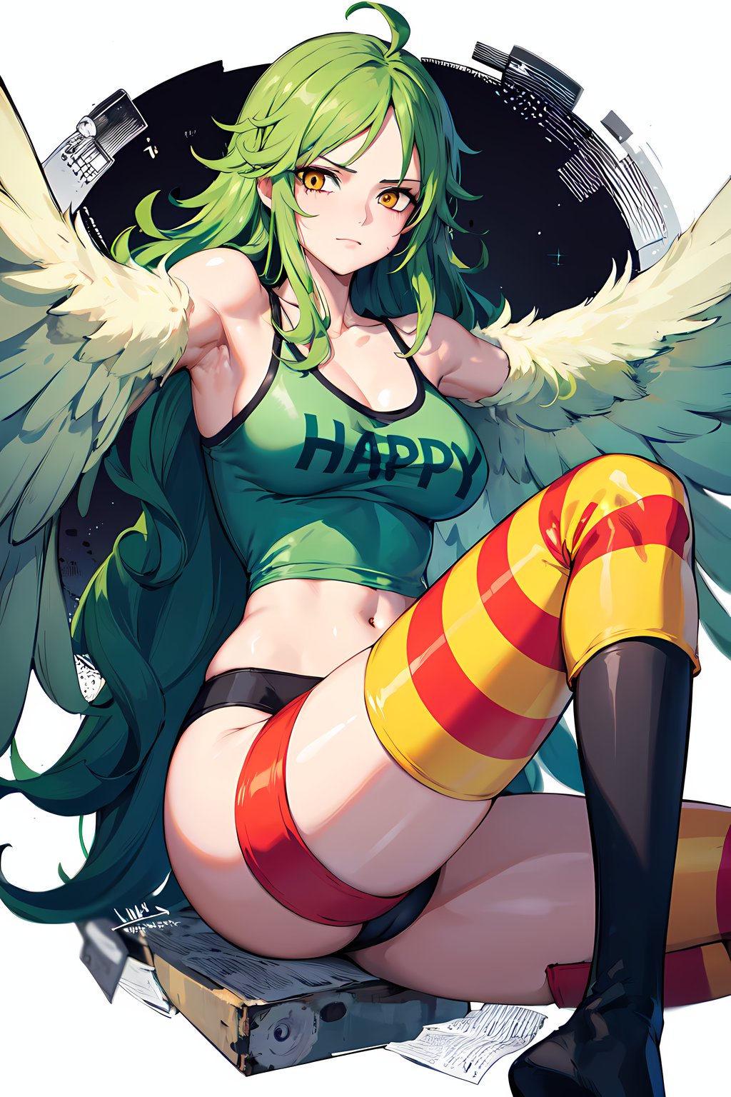 1girl,  <lora:harpymonet-10:1>, harpymonet, green hair, long hair, yellow eyes, green midriff, striped socks, black panties, feathered wings