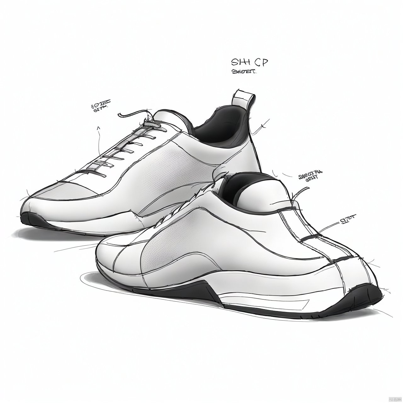  simple background, white background, monochrome, greyscale, , sketch, no humans, sneakers, Product Design Sketch, A white product