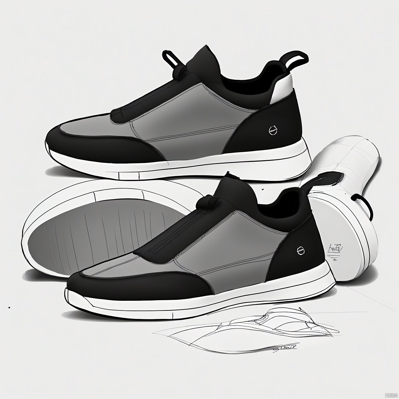  simple background, white background, monochrome, greyscale, shoes, sketch, no humans, sneakers, Product Design Sketch