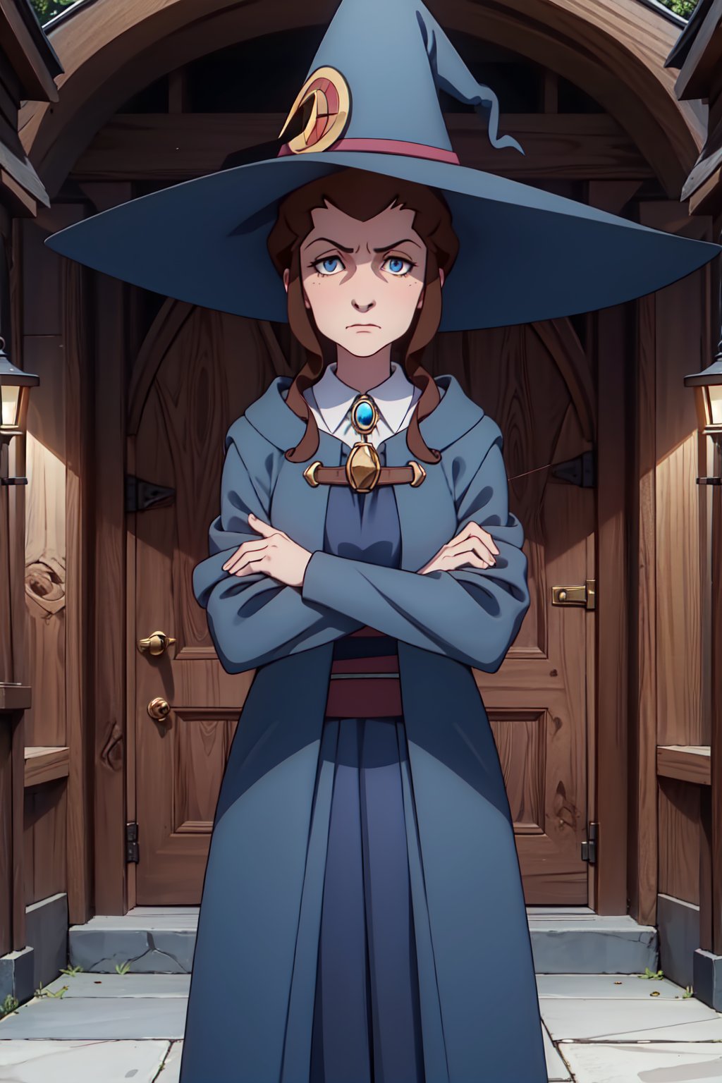 (1girl, solo,(Anne_finnelan), (old woman), brown hair, blue eyes,blue robe, witch,standing, looking at viewer, crossing arms)