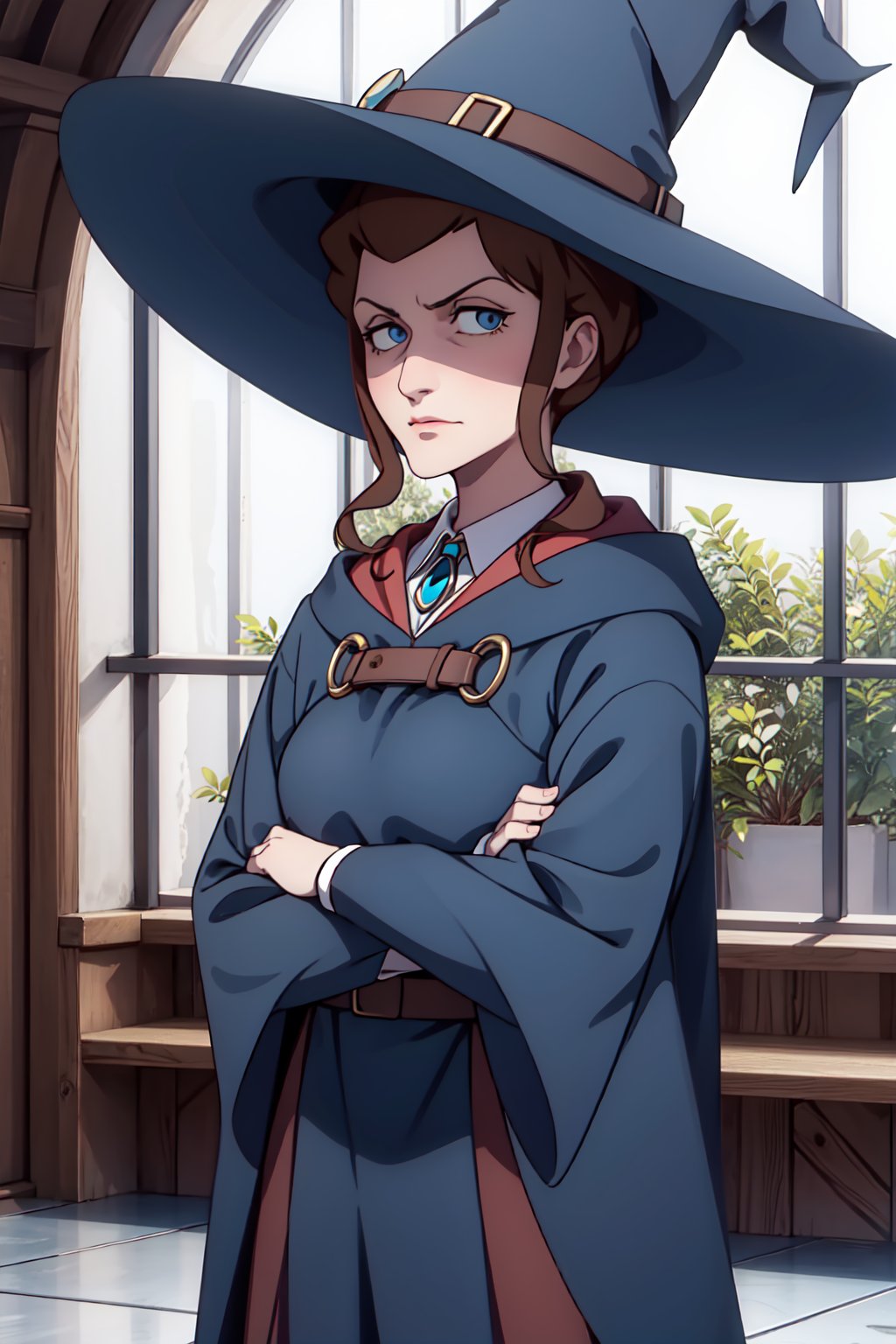 (1girl, solo,(Anne_finnelan), (old woman), brown hair, blue eyes,blue robe, witch,standing, looking at viewer, crossing arms)